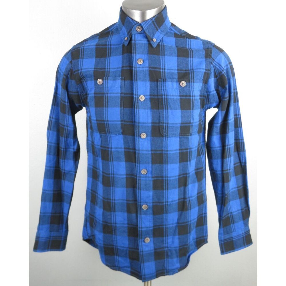 Mens Duluth Trading Co Plaid Flannel Shirt Size S Trim Blue Black Button Front